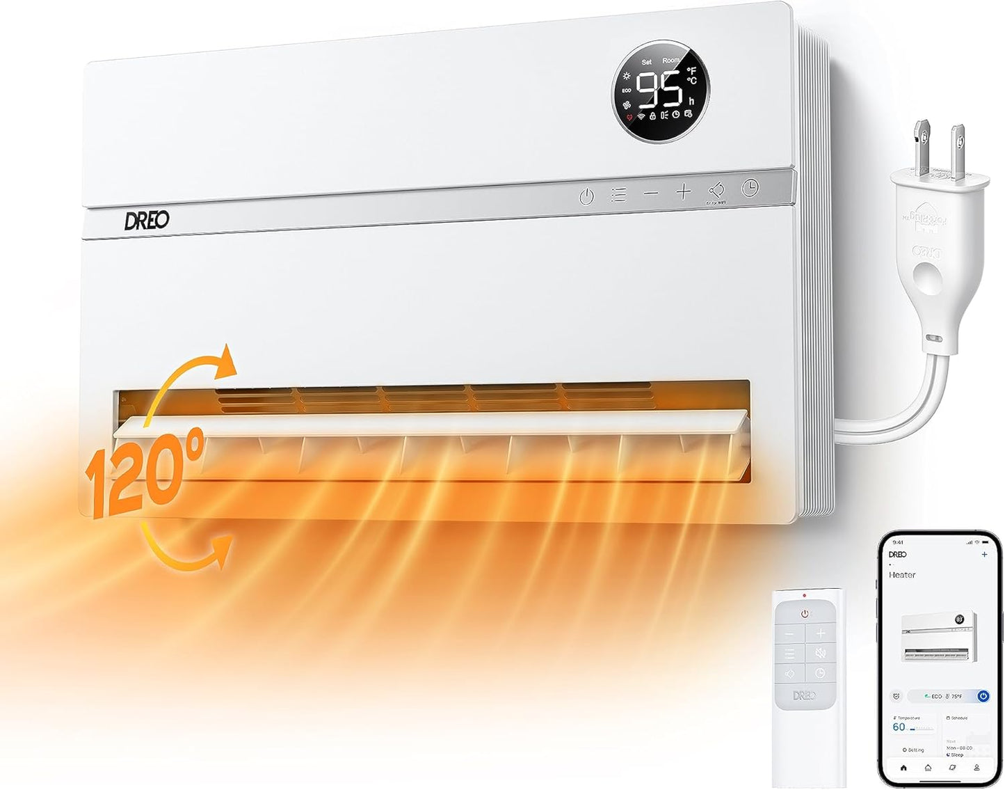 Dreo Wall-Mounted Heater, Smart Space Heater for Bedroom with Dreo FortPlug Overheat Protection, 120° Vertical Oscillation, Thermostat, 24H Timer, 1500W Electric Heater for Indoor, WH729S