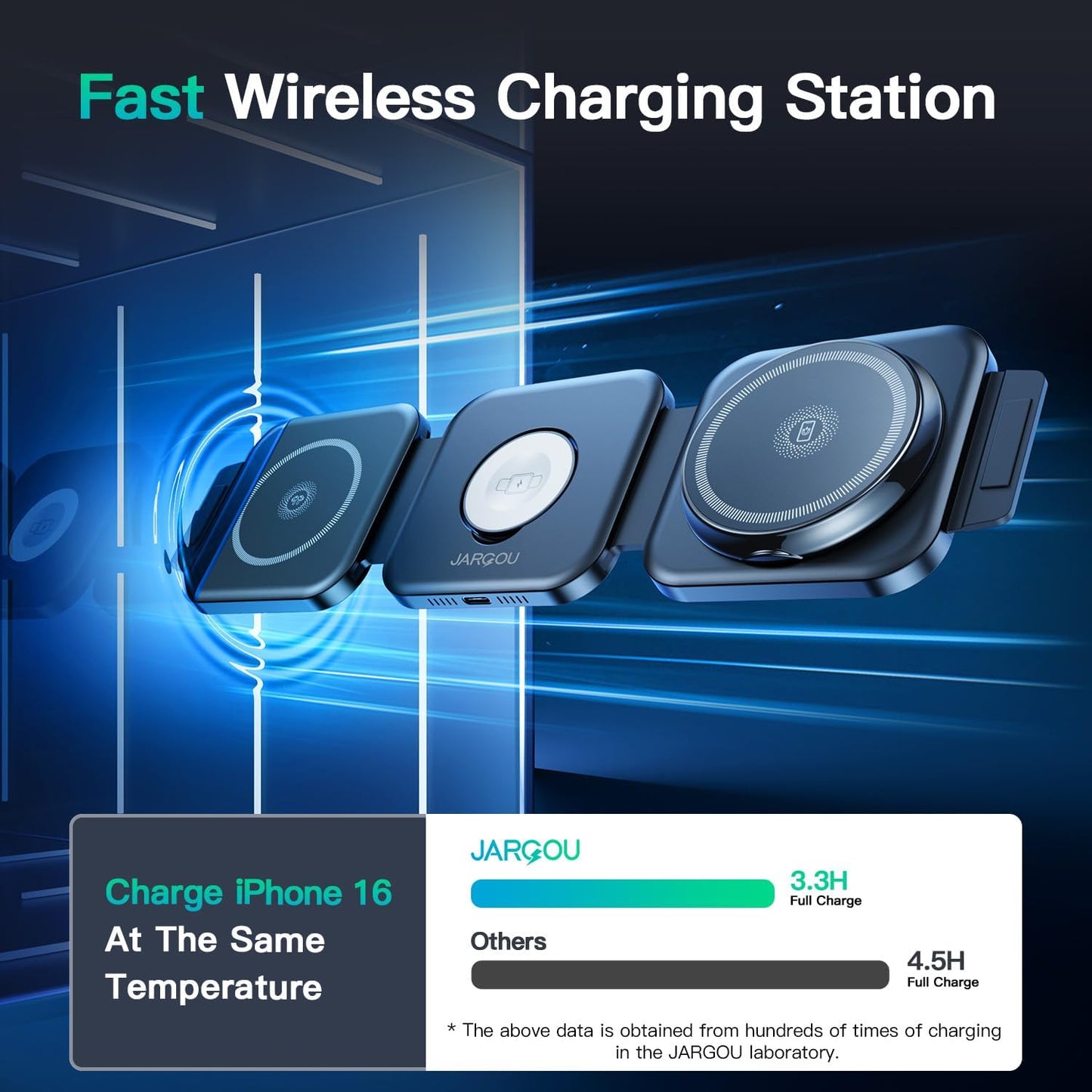 JARGO 3 in 1 Wireless Charging Station for Apple Devices, Foldable iPhone Charging Station for iPhone 17/16/15/14/13/12, Apple Watch & AirPods with Magsafe, Travel Essentials Wireless Charger (Black)