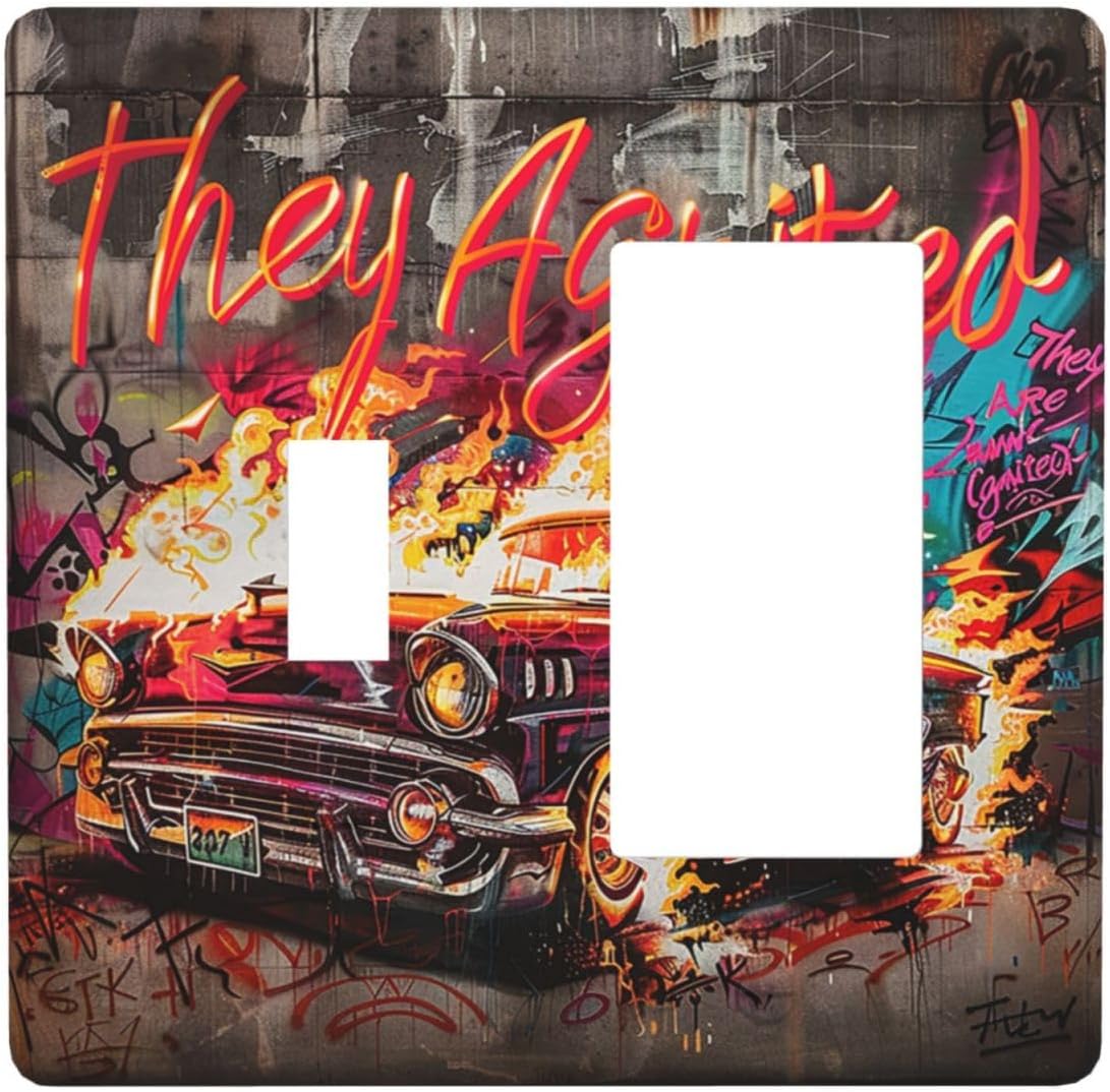 Outlet Covers Hip Hop Street Graffiti Flame Car 1 Toggle 1 Rocker Combination Decorative Wall Plate Electrical Switch Plates Light Switch Cover Plate for Bedroom living Room Decor