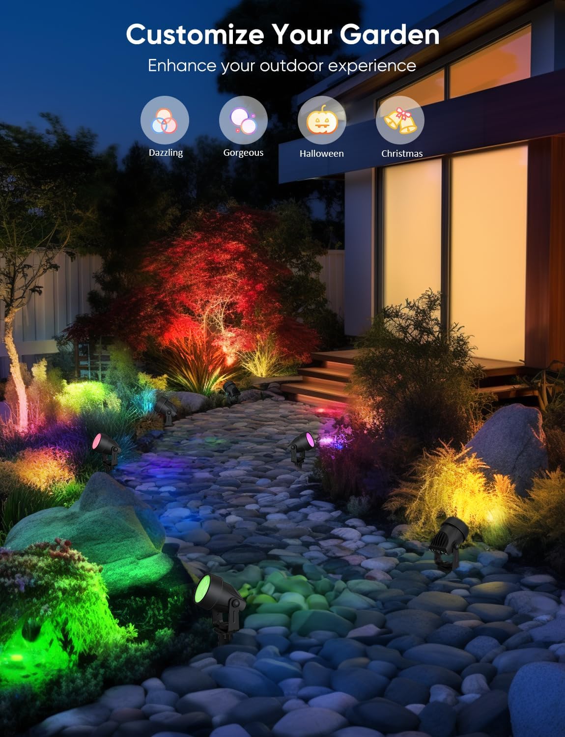 APPECK Spot Lights Outdoor, RGBW Low Voltage Landscape Lighting, Color Changing Uplighting Spotlights with App, IP65 Waterproof LED Outdoor Lights for Garden Yard Outside Decoration, 6 Pack