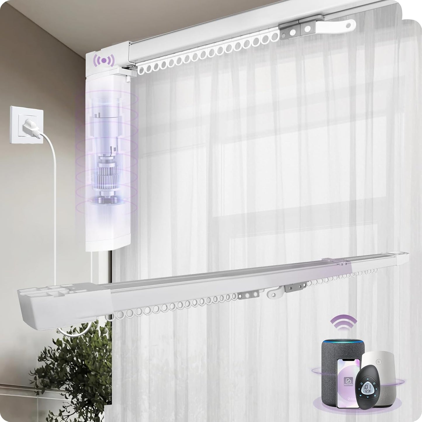 Graywind Smart Curtain Track Retractable Motorized Curtain Rail Compatible with Alexa Google Easy to Control by Voice, App, Remote (70" to 118" Width)