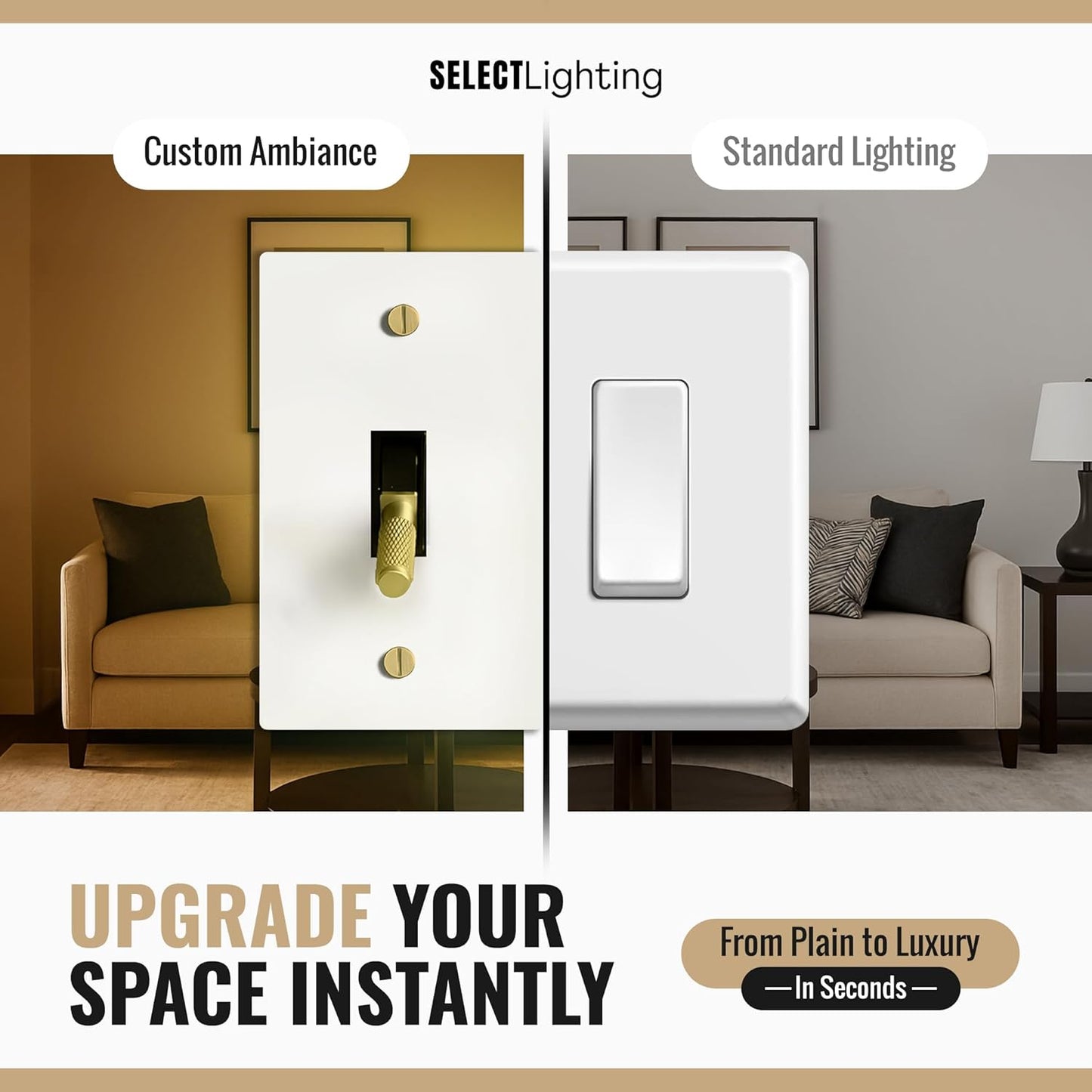 Select 15A 120V AC 3-Gang Toggle Switch, White with Solid Brass Vintage Style Single Pole 3 Way Compatible Wall Mount Toggle Switch, Included Faceplate & Switch Module, UL Listed