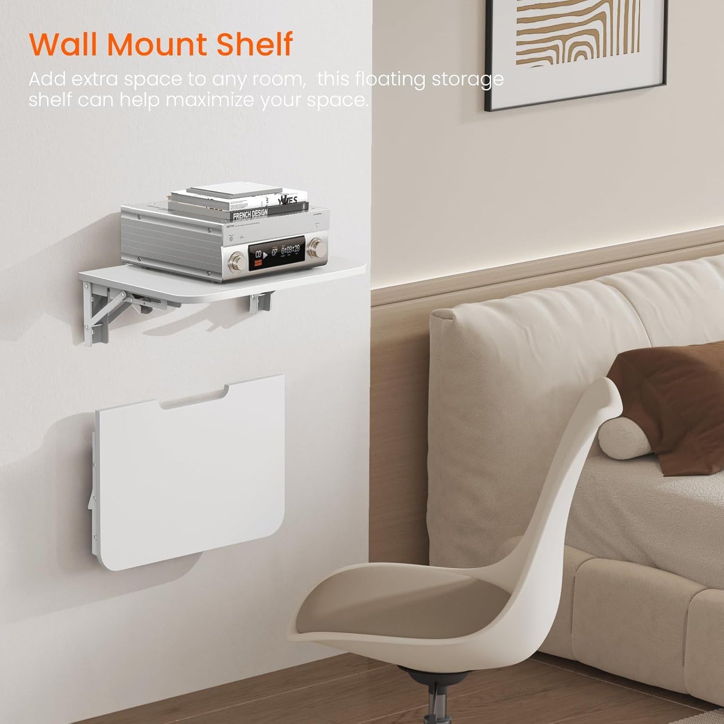 Homode Projector Shelf for Wall, Wood Folding Wall Mount Shelf, Holds Up to 30lbs, Floating Entertainment Shelves for DVD Players, Cable Boxes, Game Consoles, Living Room Decor Accessories, White