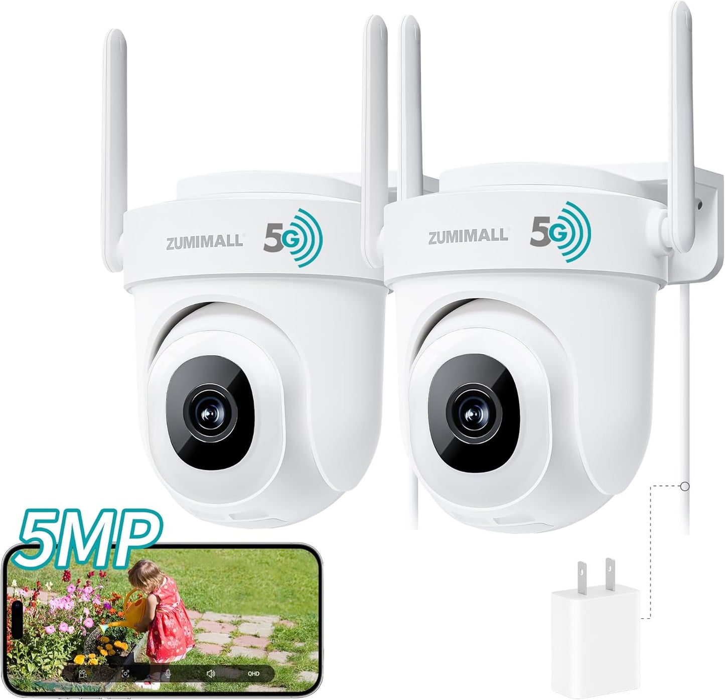 ZUMIMALL 5MP Outdoor Camera 2-Pack - 24/7 Recording Wired Power, Support 5GHz WiFi | Motion & Noise Detection, 360° PTZ Auto Tracking, Color Night Vision | IP66, Alexa Google Compatible