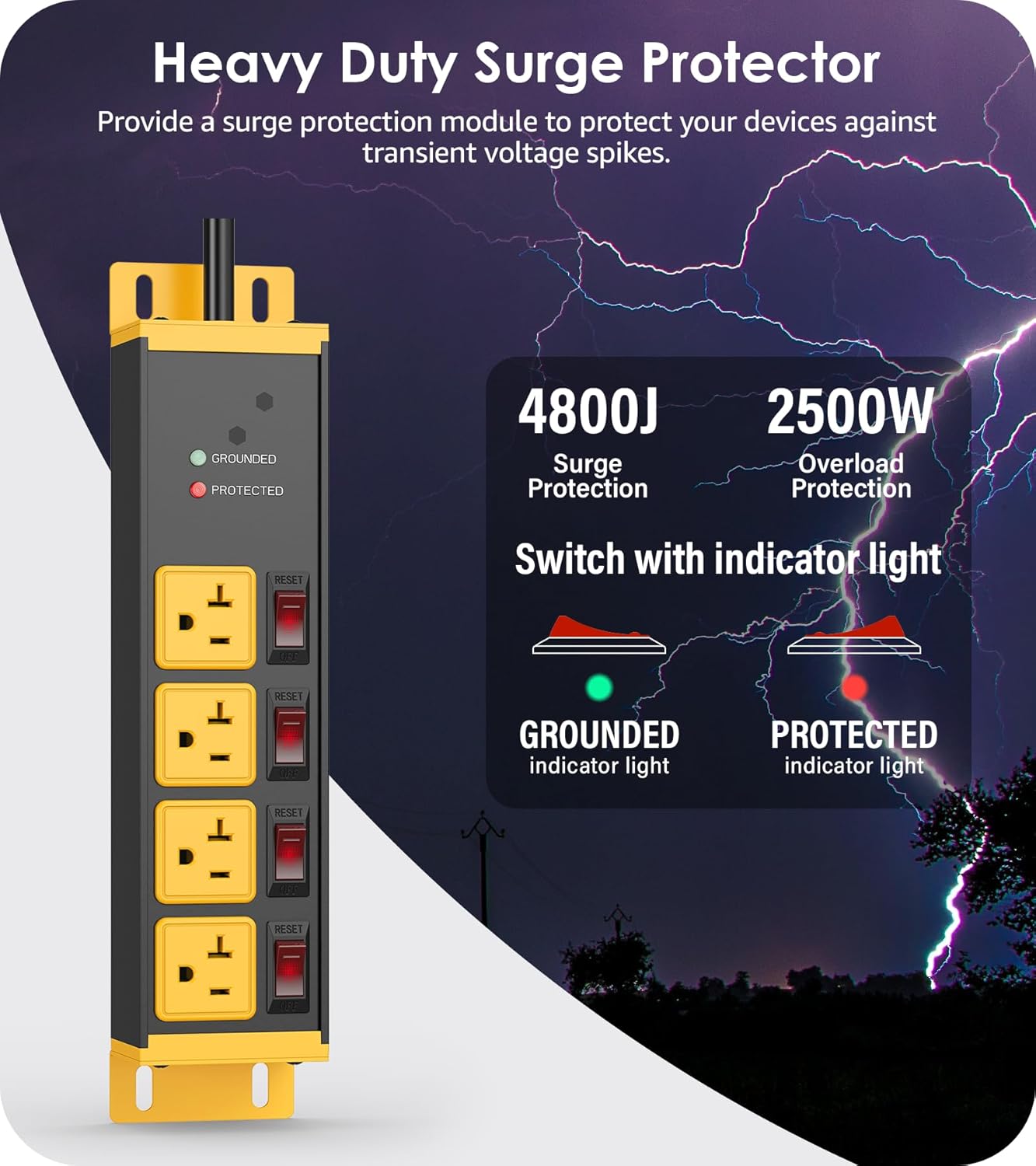 CCCEI Heavy Duty Surge Protector Power Strip 20 Amp Individual Switches. 15FT 12 Gauge Extension Cord with Multiple Outlets. Kitchen, Garage, Shop, Industrial Wall Mount Electric Extender, Yellow.