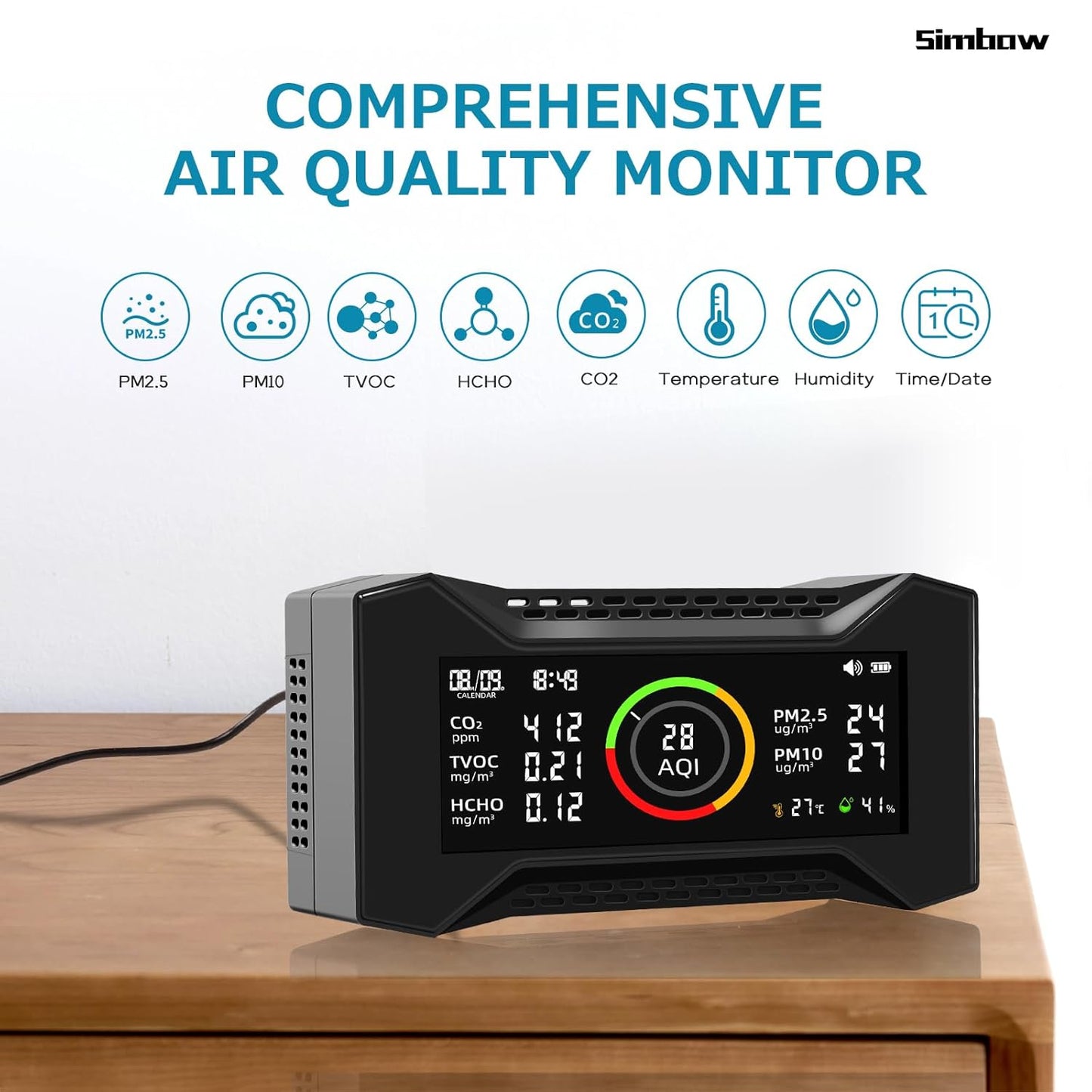 8-in-1 Air Quality Monitor Indoor, CF-20 Portable Air Quality Tester CO2 Monitor (PM2.5, PM10, CO2, VOC, Formaldehyde, Humidity, Temp) Wildfire Protection Long Battery Life & Real-Time Data