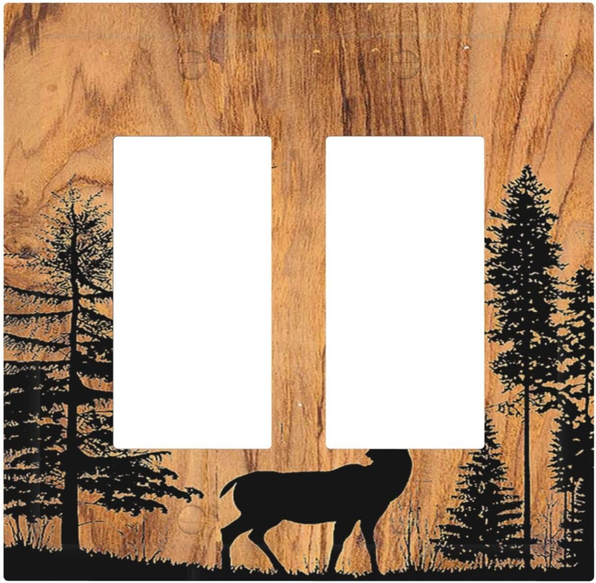 Decorative Outlet Covers Rustic Farmhouse Orange Brown Pine Tree Deer Wood Grain 2 Gang Double GFCI Rocker Electrical Wall Panels Light Switch Cover Plate for living Room Cabin Decor