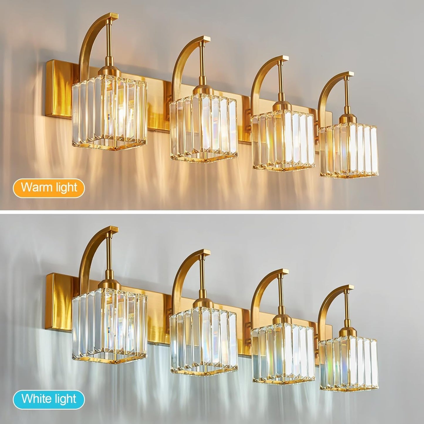 Crystal Vanity Lights 4-Light Gold Bathroom Vanity Lights Modern Crystal Bathroom Light Fixtures Over Mirror 32.67" Long Vanity Light for Bathroom