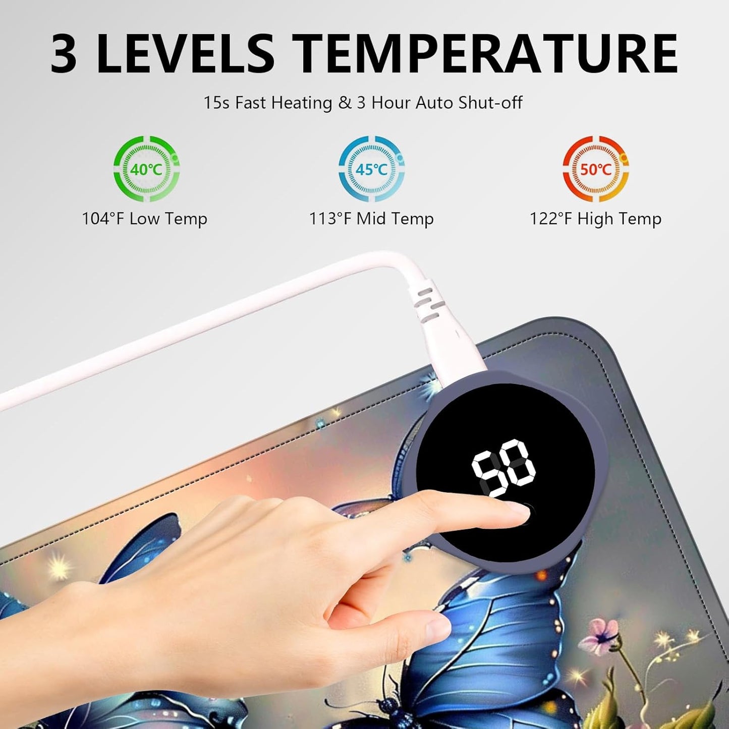 Heated Mouse Pad with 3 Levels Heated & 3 Hours Auto Shut-Off Mouse Pad for Warming Hands in Office Home, 31.5" x 13"Large Safe Desk Mat Hand Warmer，Blue Butterfly