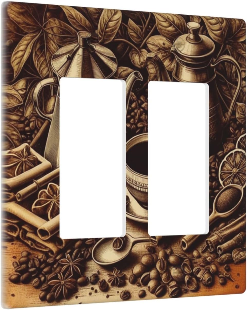 Decorative Outlet Covers Vintage Coffee Beans Leaf Cup 2 Gang Wall Plate Double Rocker Two Switch Wall Cover Plate Jumbo Dual GFCI Faceplate for Kitchen Home Decor
