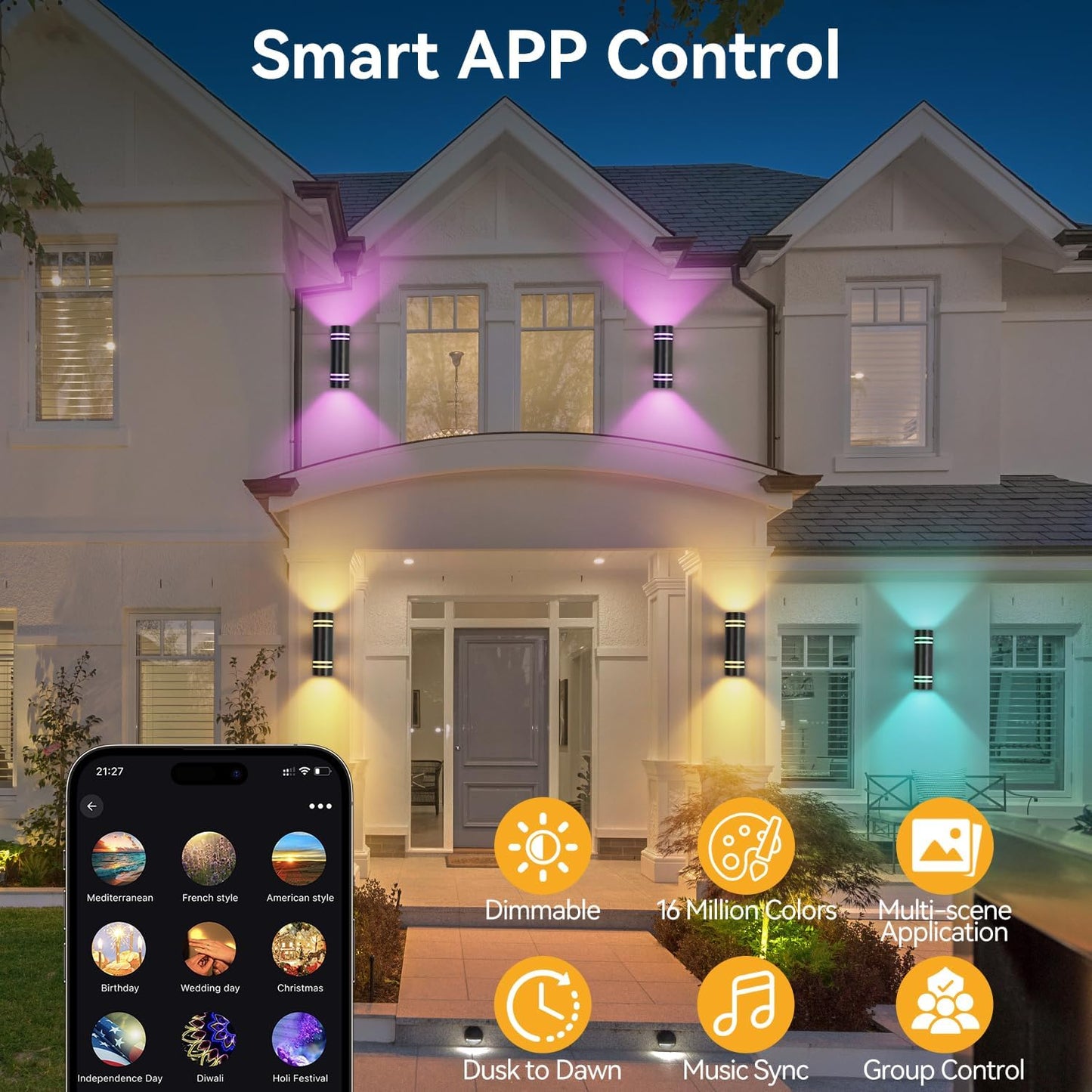 Smart Outdoor Wall Lights 2 Pack, Cylinder Black Exterior Lighting Fixtures Dusk to Dawn Outdoor Lighting, Aluminum Color Changing Porch Lights, Ambiance Sconce Control with App and Voice