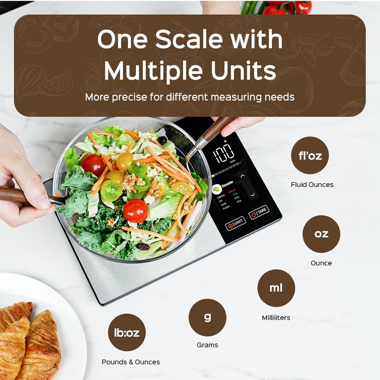 Smart Nutrition Food Scale with App Sync, Tracks 23 Nutrients (Calories Carbs Protein Fat), Digital Kitchen Scale for Weight Loss & Meal Prep, with High-Definition Touch Color Display Screen