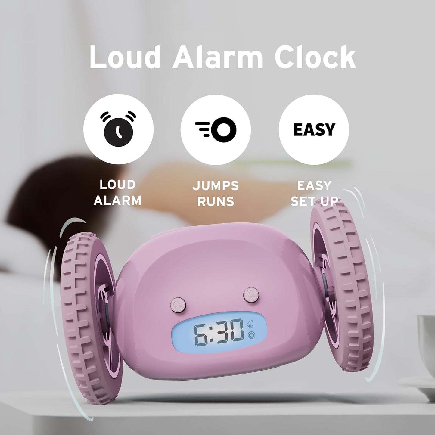 CLOCKY Alarm Clock on Wheels – Loud Rolling Alarm Clock for Heavy Sleepers | Runaway Clock That Jumps & Runs to Wake You Up | Funny Unique Gift for Adults & Teens (Lavender)