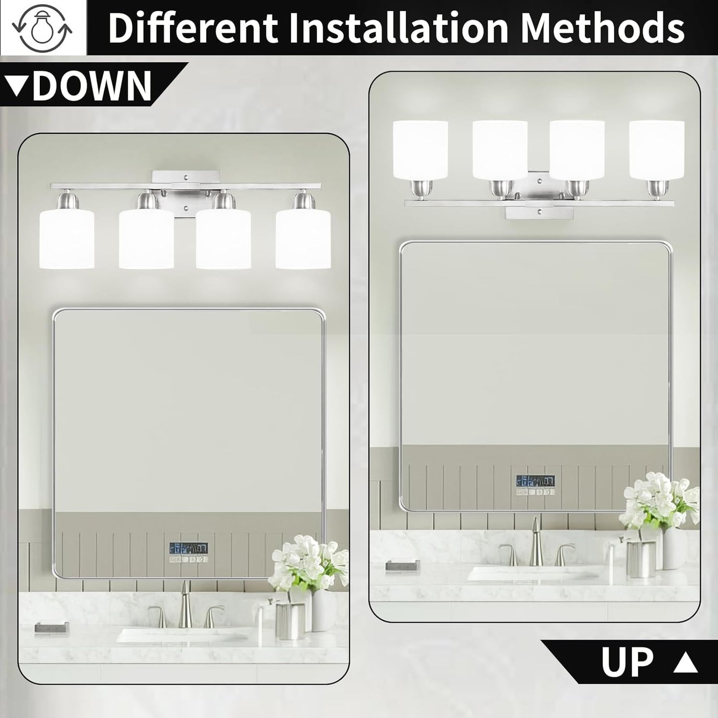4 Light Bathroom Light Fixtures, Brushed Nickel Vanity Lights for Bathroom with Milky White Frosted Glass Shade, Wall Lights for Mirror Bedroom Living Room E26 Base