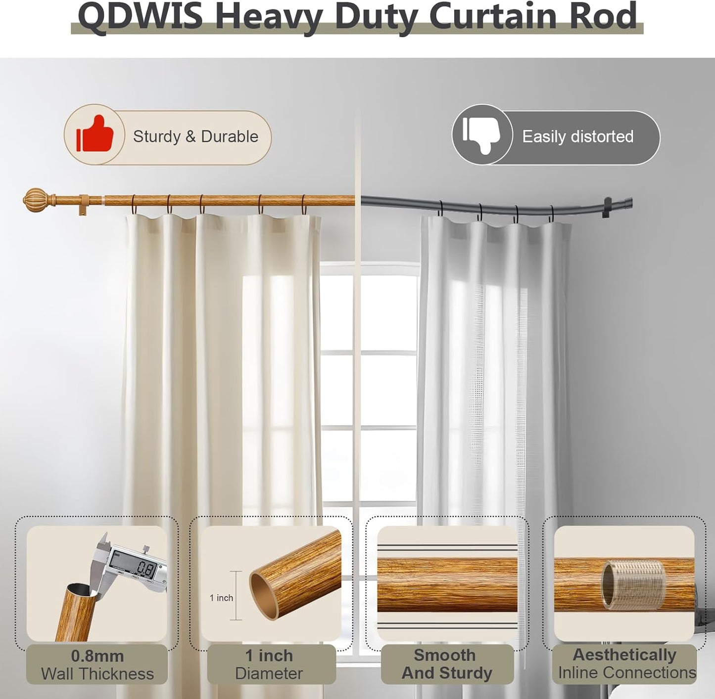 Wood Curtain Rods for Windows 72 to 144 Inch, 1'' Adjustable Heavy Duty Curtain Rod，Vintage Imitation Wood Grain Decorative Drapery Rods with Pumpkin Finials for Bedroom Living Room
