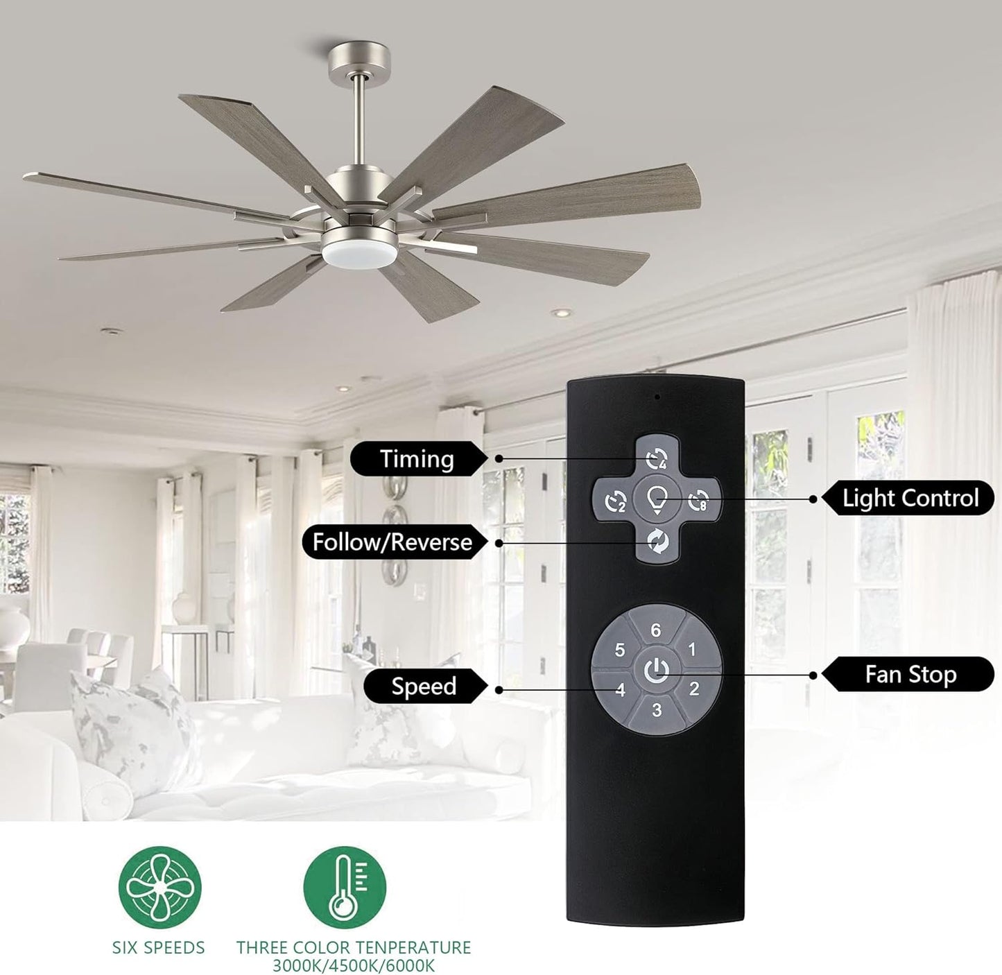 WINGBO 72" DC Ceiling Fan with Lights, Brushed Nickel and Gray Ceiling Fan with 3 Downrods, 8 Plywood Blades, 6-Speed Reversible DC Motor, Modern Ceiling Fans Indoor for Kitchen Bedroom Living Room