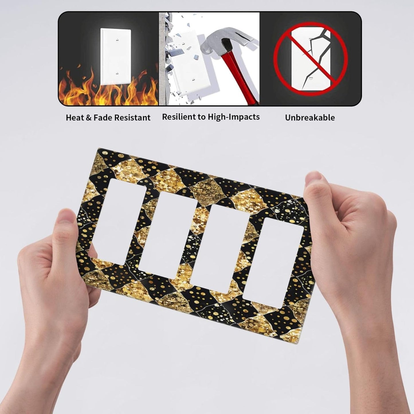Gold Black Marble Geometric Plaid Glitter Wallplates 4 Gang Quad Rocker Decorative Light Switch Covers Electrical GFCI Faceplate Switch Plate for Bedroom Bathroom Decor