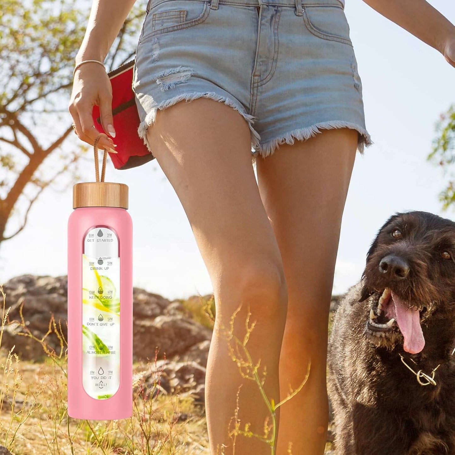 Aqulea Glass Water Bottles 25 Oz with Silicone Sleeve - BPA Free Reusable Wide Mouth Glass Motivational Water Bottles with Fruit Infuser – Leak Proof Borosilicate Water Bottle with Time Marker (Pink)