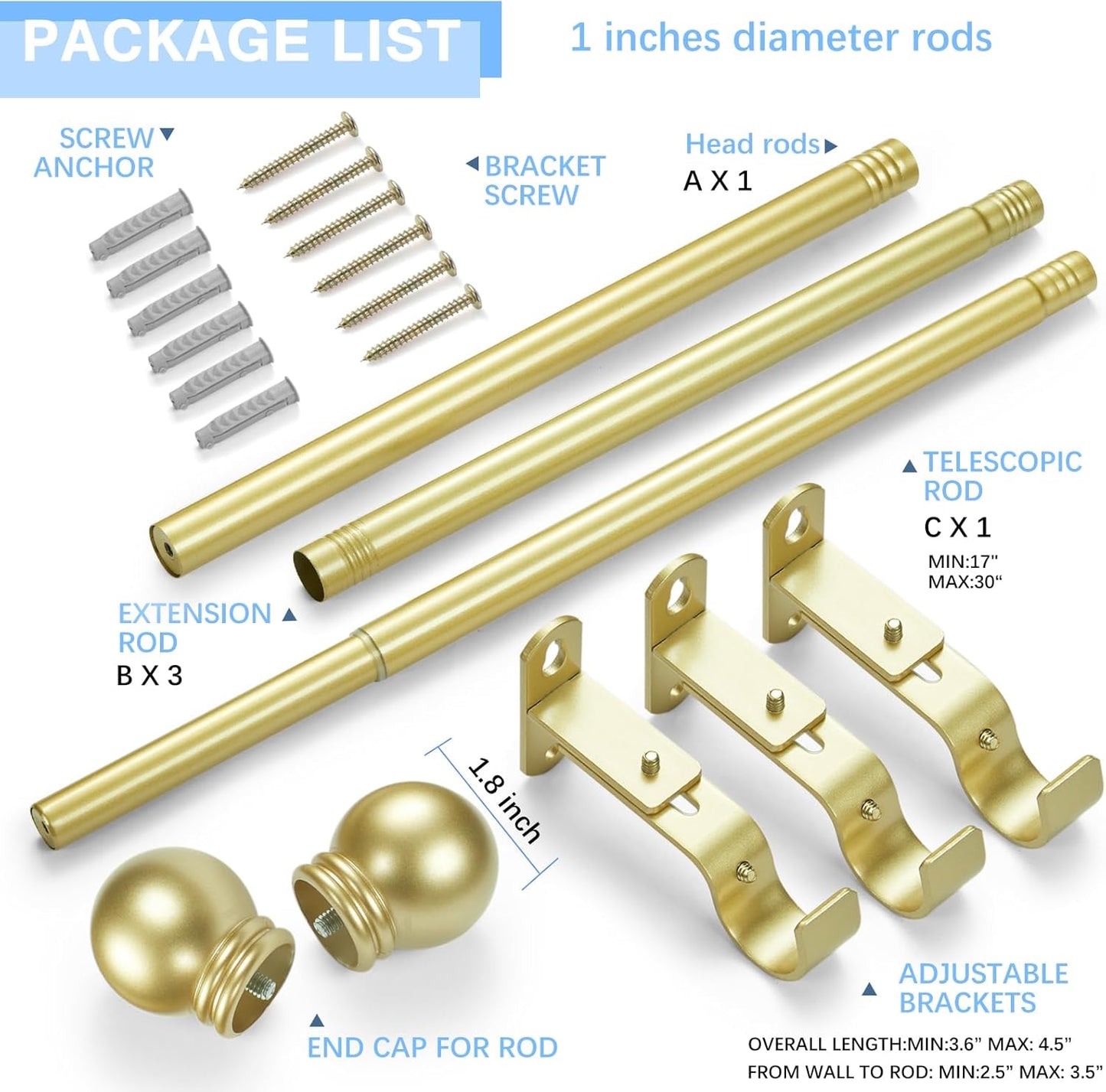 Curtain Rods for Windows 16 to 76 Inches, Curtain Rod Max Adjustable Length of 88 IN, 1" Diameter Drapery Rods Round Finials, Warm Gold, Pack of 1