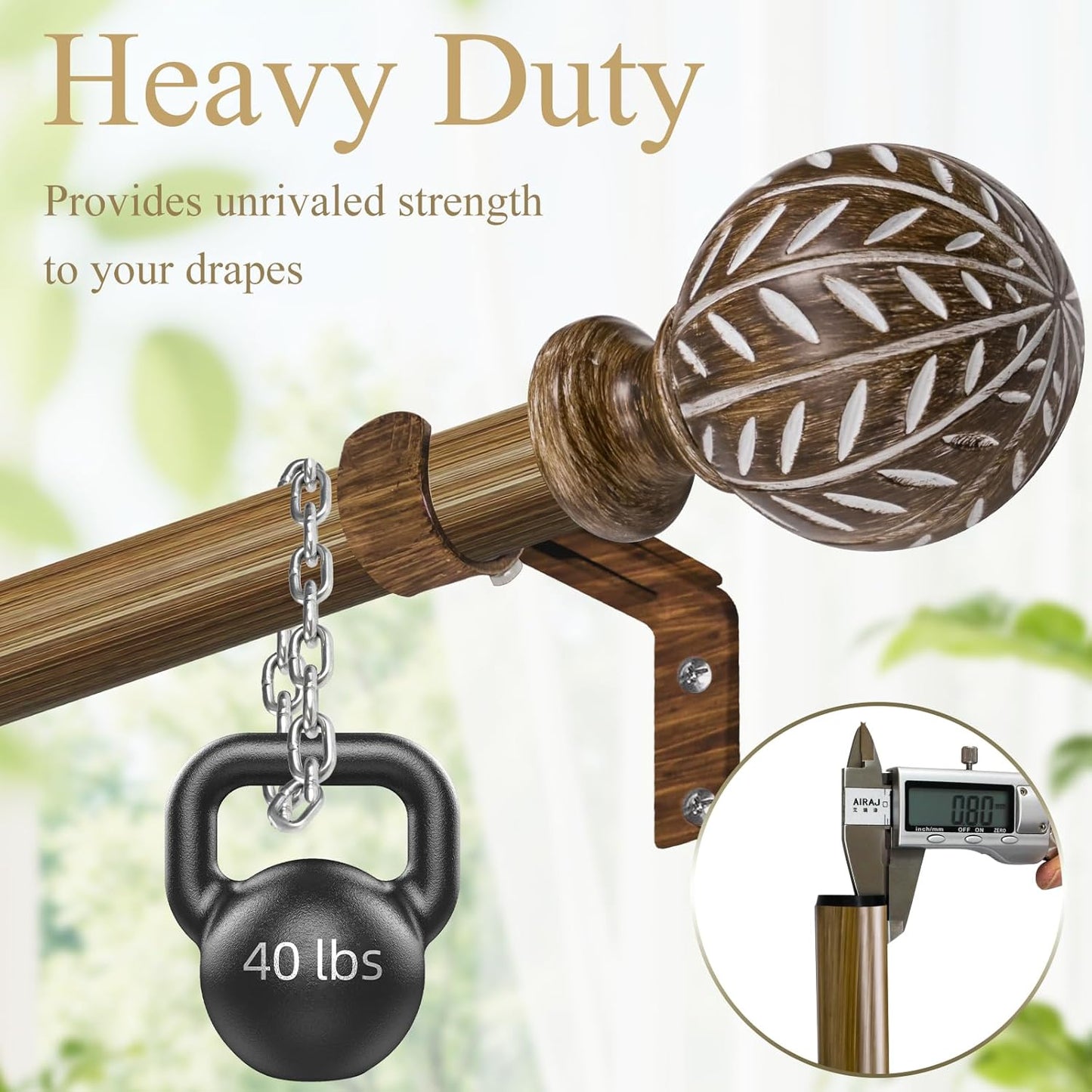 Boho Wooden Curtain Rods for Windows 66 to 120 Inches(5.5-10ft), Adjustable Heavy Duty 1" Diameter Drapery Rod with Imitation Wood-Grain Leaf-Pattern Finials - for Living Room & Bedroom，36-120''