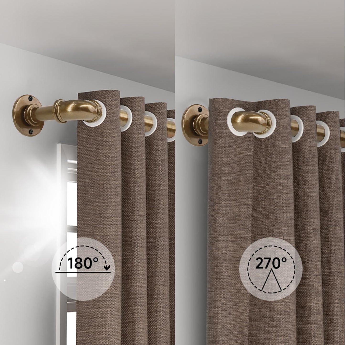 Industrial Curtain Rods 18 to 120 in,Blackout Curtain Rod,Adjustable Length,1 in Diameter Pipe,Wall or Ceiling Mounted,for Bedroom and Living Room (Coffee Gold 18” to 120”)