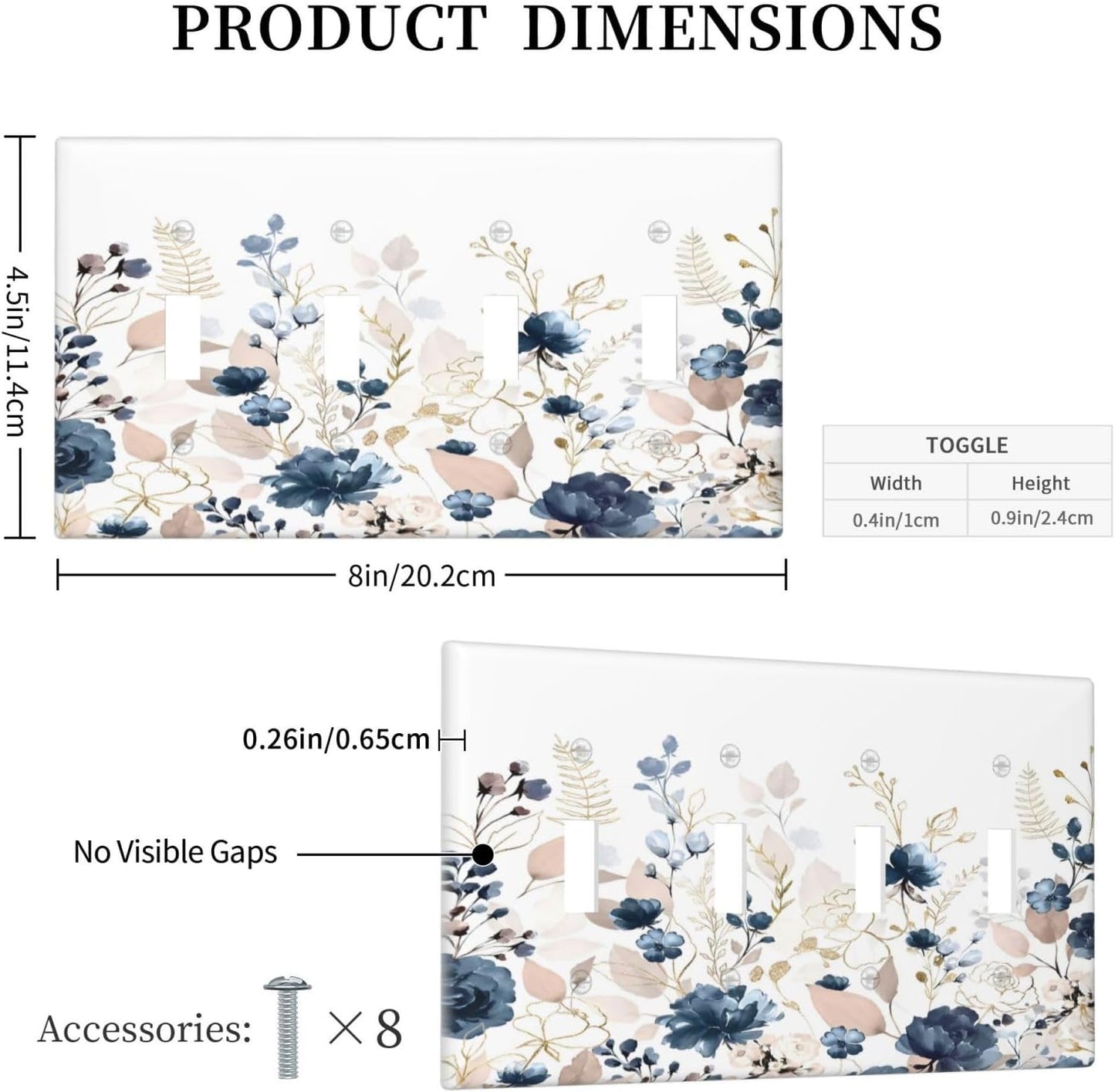 Blue Flora Boho Vintage Flower Golden Leaves Light Switch Covers Quad Toggle Electrical Faceplate 4 Gang Wall Plate Decorative Switch Plates Cover for Bedroom Living Room Decor