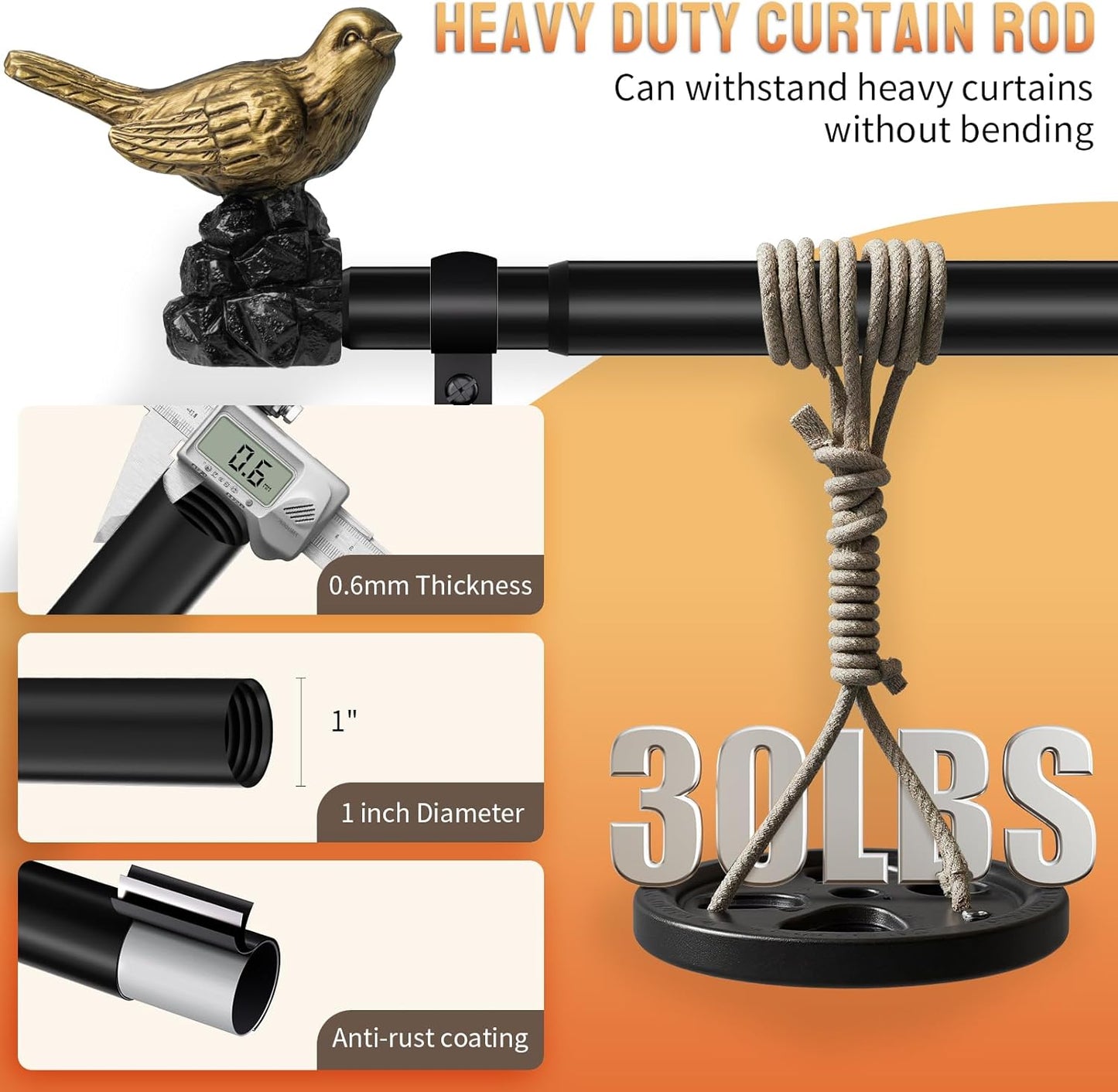 Decorative Black Curtain Rod 36 to 144 Inches Adjustable Drapery Rod with Bird Finials Heavy Duty Curtain Rods for Windows Living Room Kitchen