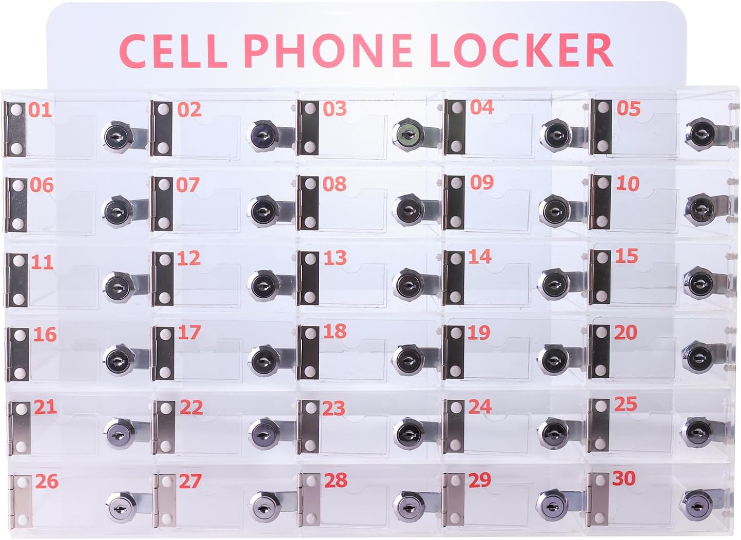 30 Slots Clear Cell Phone Locker,Acrylic Cell Phone Organizer Phones Storage Cabinet Wall Mounted with Door Locks Keys for Factory Office School 12.9X20.6X7.2inch