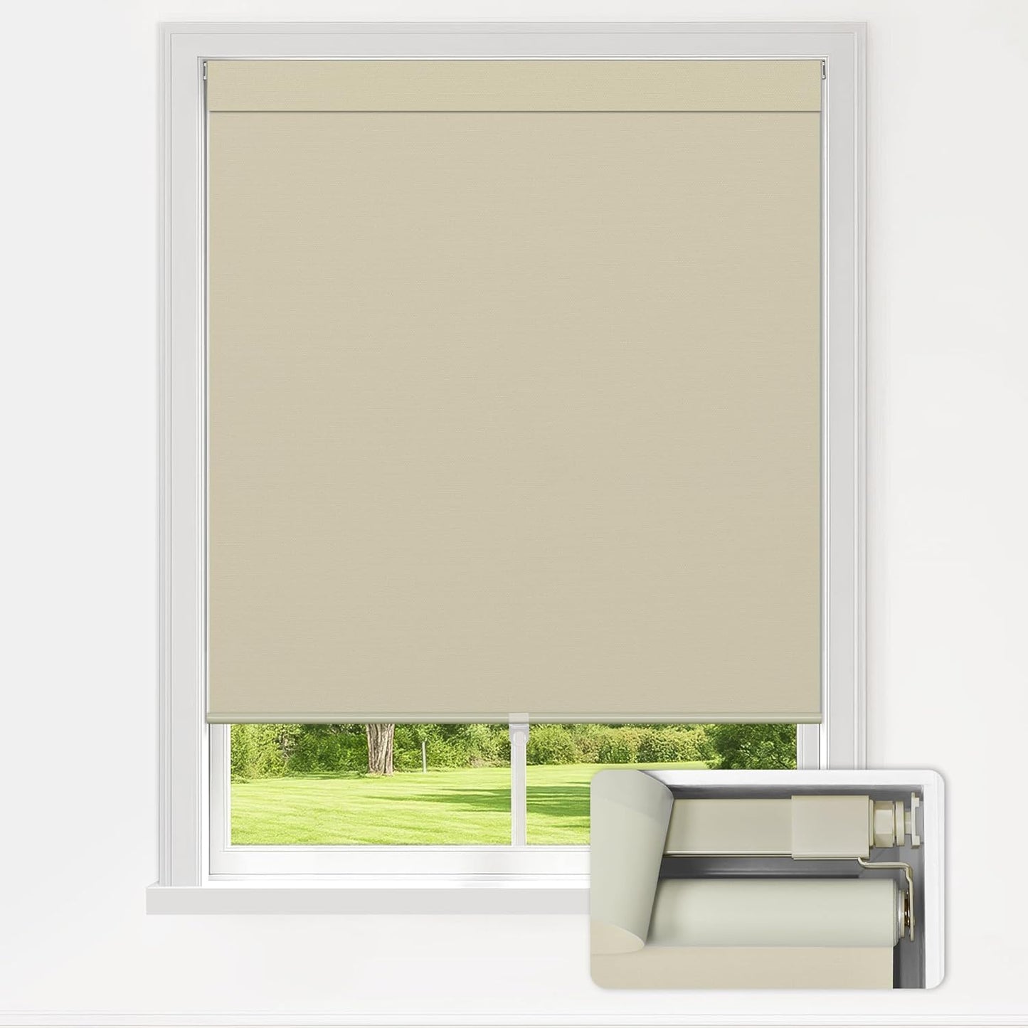 LazBlinds No Drill Blinds for Indoor Windows, Blackout Roller Shades, Cordless Window Blackout Blinds, Thermal Insulated Fabric UV Protection for Home and Office, 47" W x 72" H, Beige