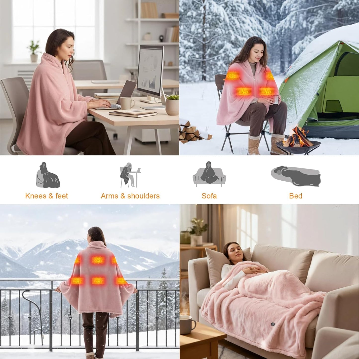 Cordless Heated Blanket Battery Operated with Fleece Lining 7.4V 16000mAh Battery Portable Wearable Heated Shawl for Women Men 6 Heating Zones 3 Fast-Heating Levels (Battery Included)