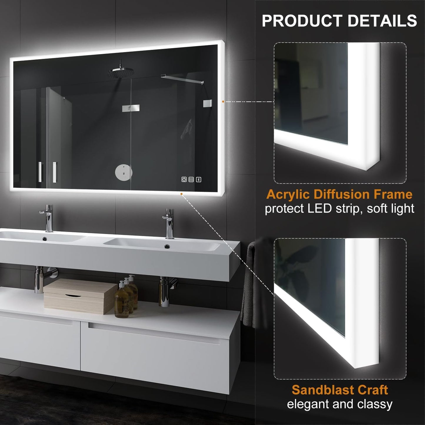 SBAGNO LED Bathroom Mirror with Lights, 32''x28'' 3D Border Bathroom Vanity Wall Mirror with Bluetooth, Anti-Fog, Stepless Dimming, 3 Colors, Tempered Glass Lighted Vanity Mirror for Bathroom