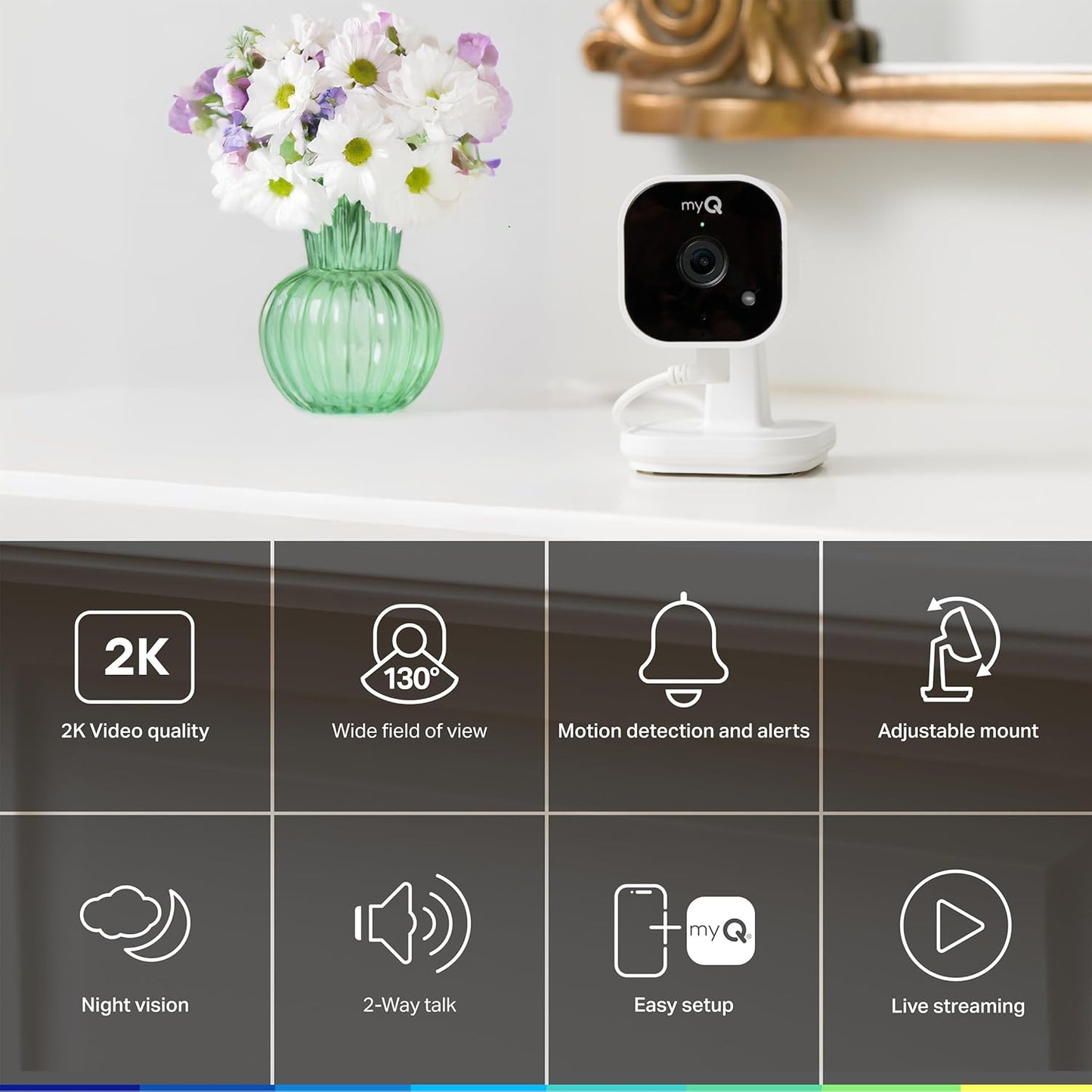 myQ Indoor Plug-in Security Camera Gen 2 – 2K Smart Wi-Fi Camera with Night Vision, Baby and Pet Monitor, Motion Detection and Alerts, 2-Way Audio & App Control