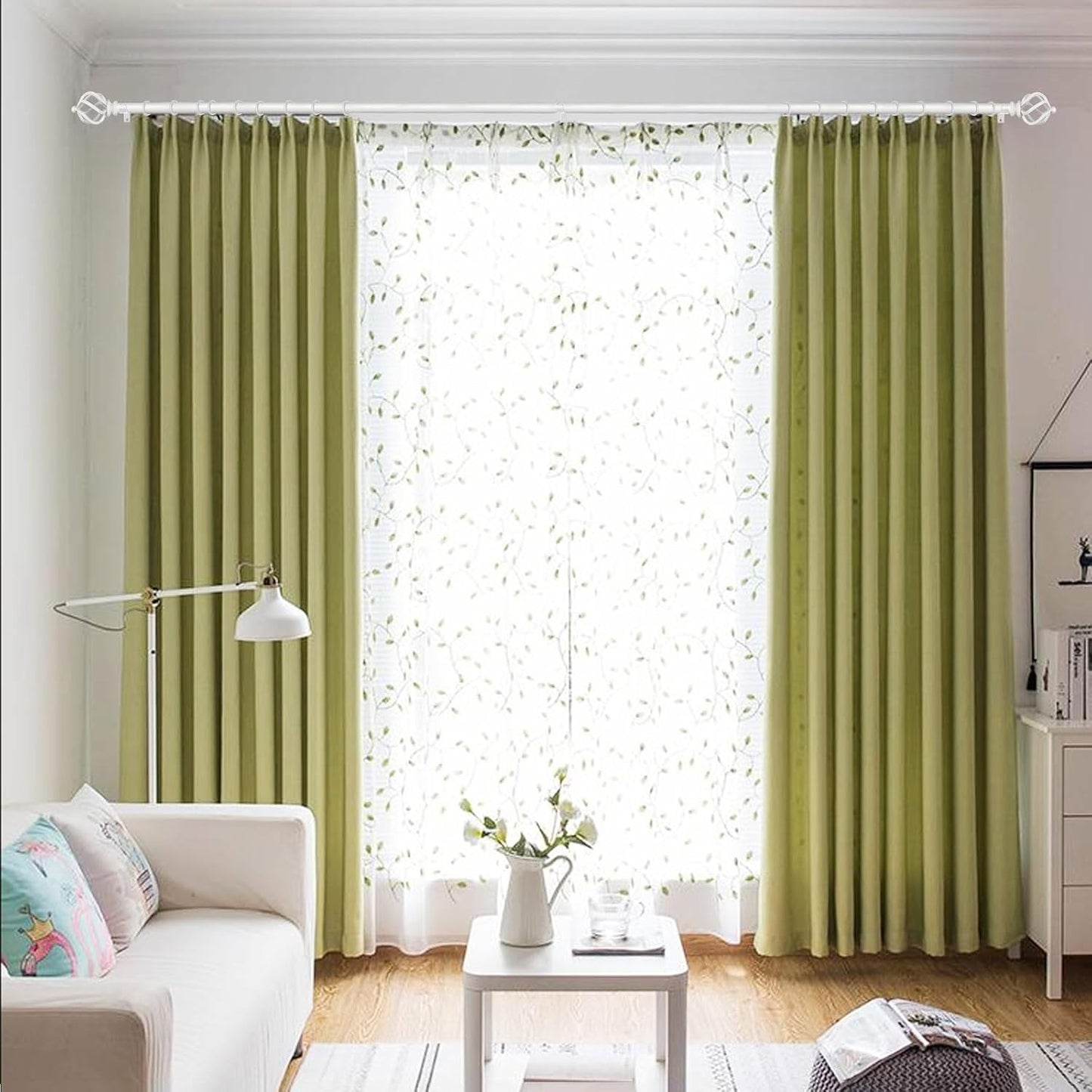 KAMANINA White Curtain Rod 32 to 58 Inch(2.6-4.8ft), Adjustable Curtain Rods for Windows 28 to 48 Inch, 3/4 Inch Splicing Drapery Rods with Twisted Cage Finial