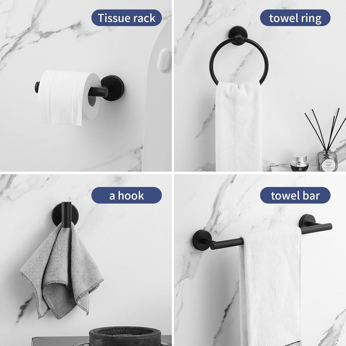 Towel Bar Set Mattel Black, Bathroom Accessories Set 5pcs Including 16'' Tower Bar, Towel Ring and 2 PCS Towel Hooks