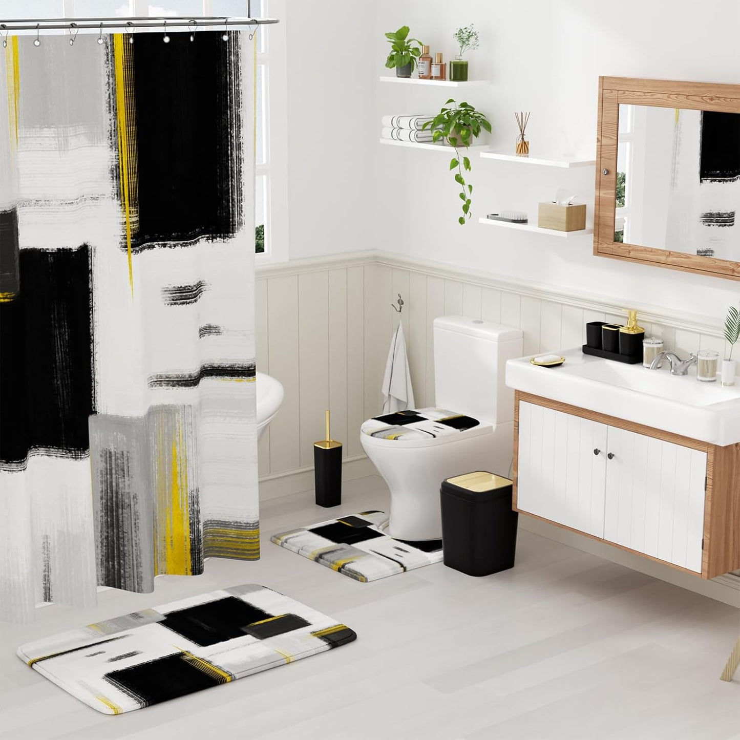 Bathroom Accessories Set - 25PC Bathroom Set with Shower Curtain and Rugs, Black Bathroom Set, Bathroom Accessory Set with Press-on Lid Trash Can, Soap Dispenser and Qtip Holders