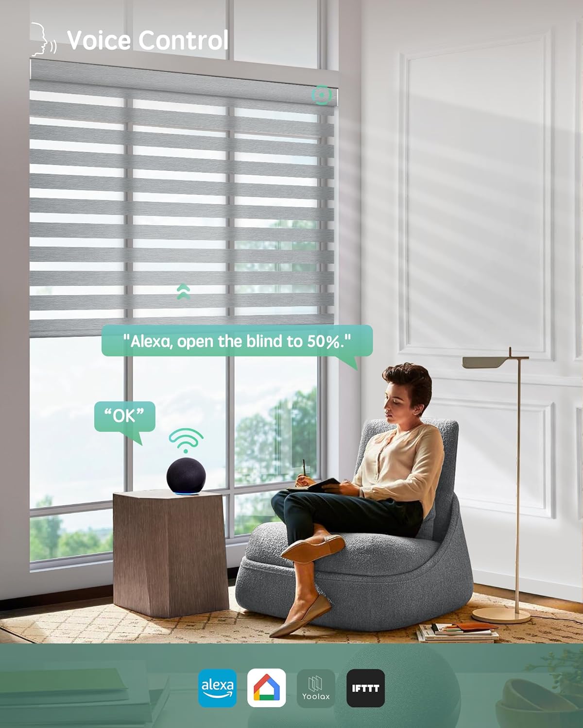 Yoolax Motorized Zebra Blinds Compatible with Alexa,Motorized Blinds with Remote Smart Automatic Custom Electric Window Blinds Cordless Indoor Blackout for Home Bedroom Kitchen (Sheer Gray)