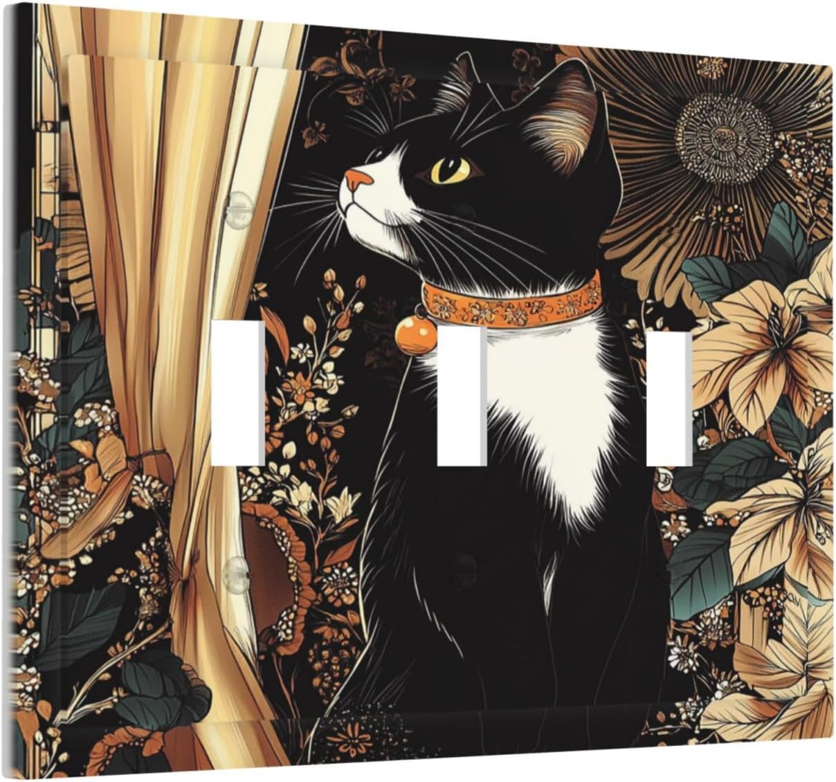 Decorative Switch Plates Boho Mandala Floral Black Cat Vintage Flower 3 Gang Wall Plate Triple Toggle Light Switch Cover Faceplate Electrical Wall Panels For Farmhouse Home Decor