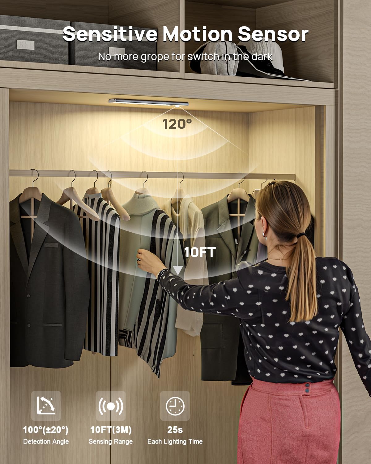 Under Cabinet Lighting Wireless, Rechargeable 180 Lumen Motion Sensor Indoor Light, 3 Color Dimmable Closet Lights with Remote Control, Under Counter Light for Kitchen, Stairs, Wardrobe, 5 Pack