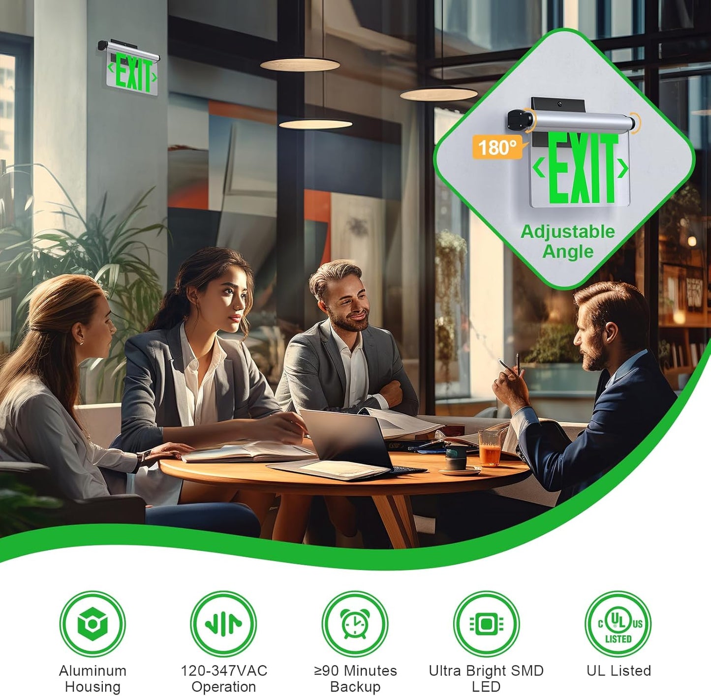Led Edge-Lit Exit Sign ,Brushed Aluminum Housing Single-Sided Clear Rotating Acrylic Panel,Hardwired Emergency Exit Signs with Battery Backup, 120V-347VAC,Green Led Emergency Exit Light for Business , UL Listed,Top/Side/Wall Mount(4 Pack)