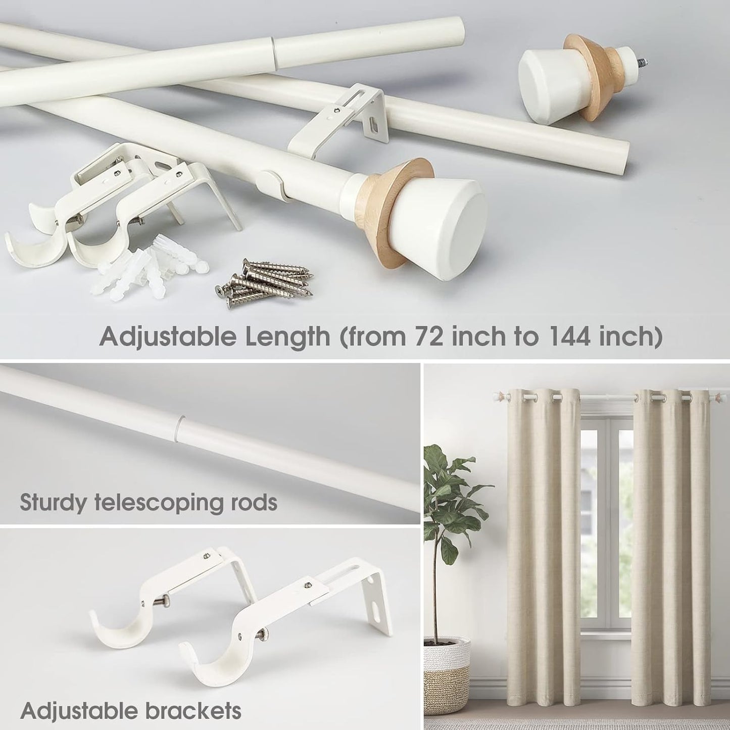 White Single Curtain Rod Set with Decorative Finials, 72-144 inch, Single Drapery Rod, 1 inch diameter, Adjustable Length,1 pack