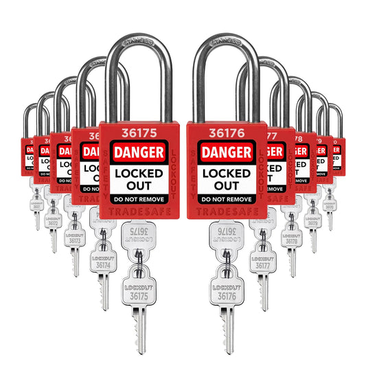 TRADESAFE Lockout Tagout Locks Set - 10 Red Loto Locks, Lockout Locks Keyed Different, 2 Keys Per Lock, OSHA Compliant Lock Out Tag Out Padlocks, Safety Padlocks for Electrical Lockout Tag Out Kits