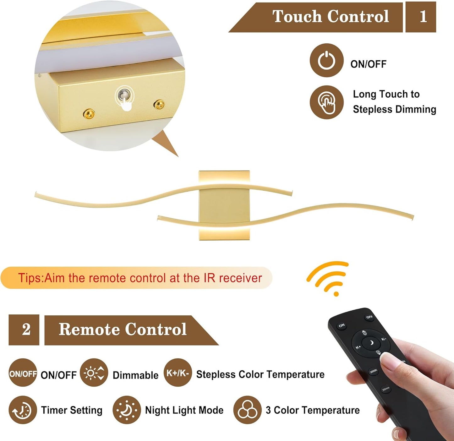 Battery Operated Wall Sconces Set of Two with Remote Control, Dimmable/3 Colors/Night-Light/Timer/Memory, Gold Modern Wireless LED Sconce for Living Room, Hallway, Bedroom, 31.4 Inch (2 Pack)