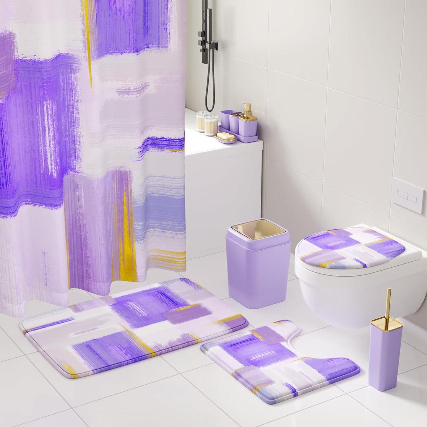 Bathroom Accessories Set - 26PCS Purple Bathroom Set, Bathroom Accessory Set with Shower Curtain and Rugs and Bathtub Mats for Home
