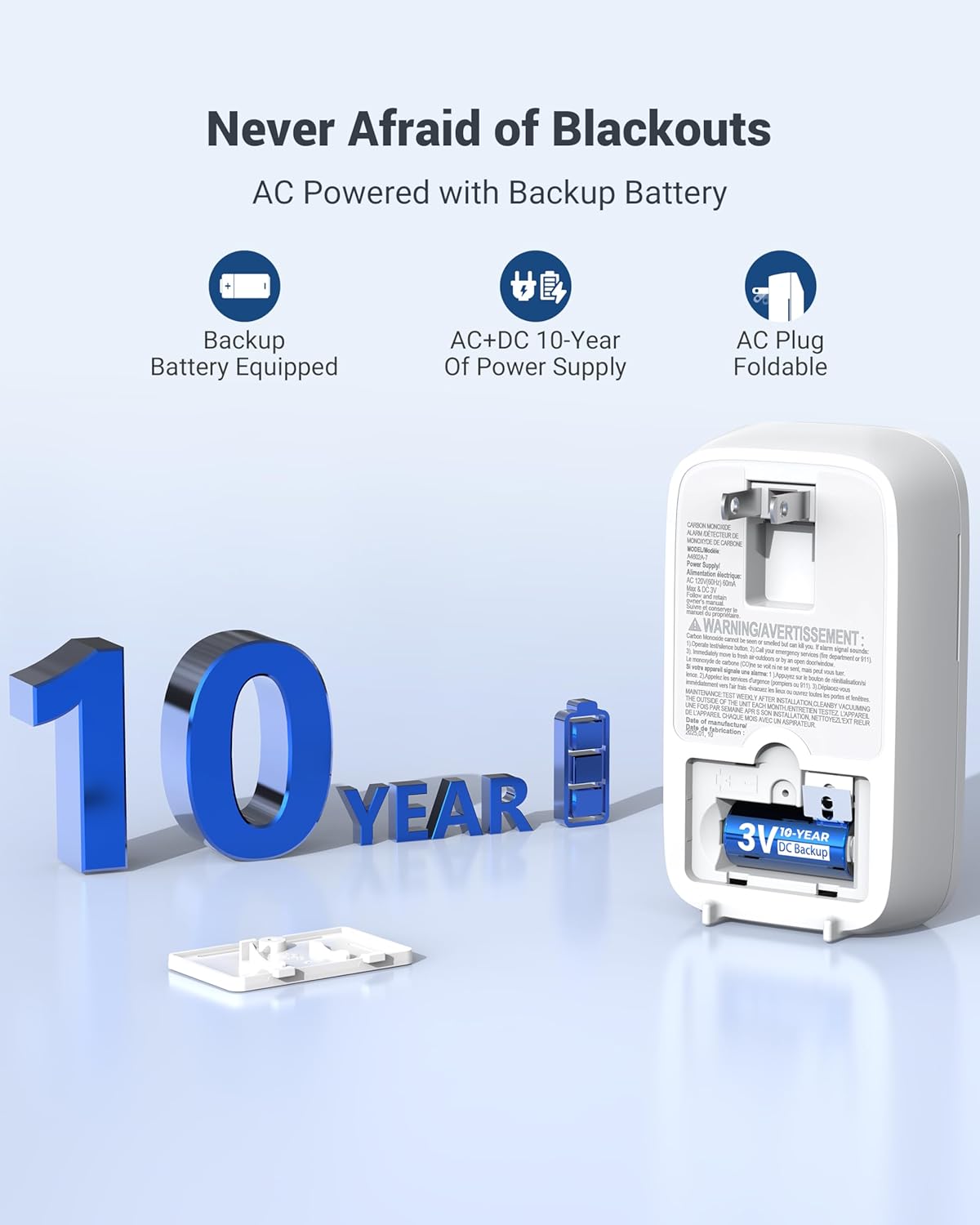 Ecoey Carbon Monoxide Detectors Plug-in with Advanced Electrochemical Sensor 10 Year Carbon Monoxide Detector Foldable Plug with Battery Backup CO Detector for Home and Kitchen FJ146A, 1 Pack