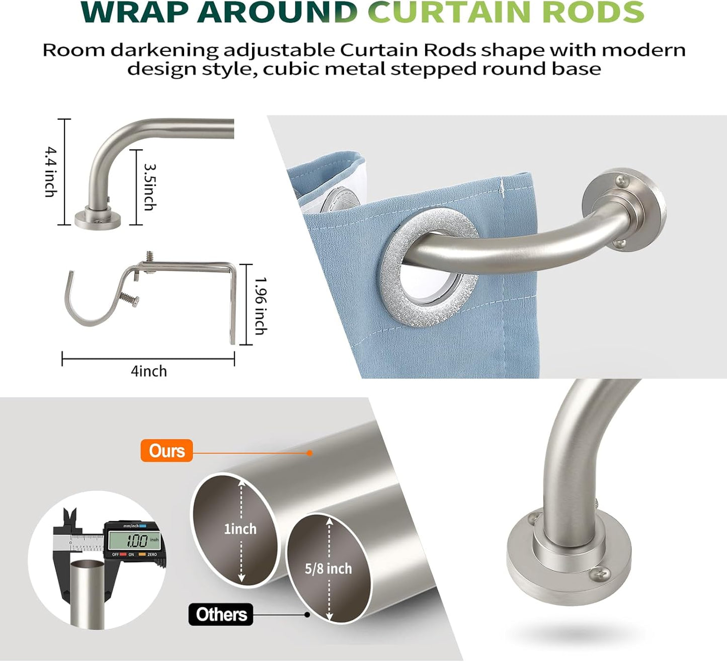 Nickel Wrap Around Curtain Rods 28 to 48 In:Blackout Heavy duty Adjustable Window Curtain Rod for Bedroom,Industrial Darkening Curved French Metal Single Drapery Rods Easy Install,Satin Nickel