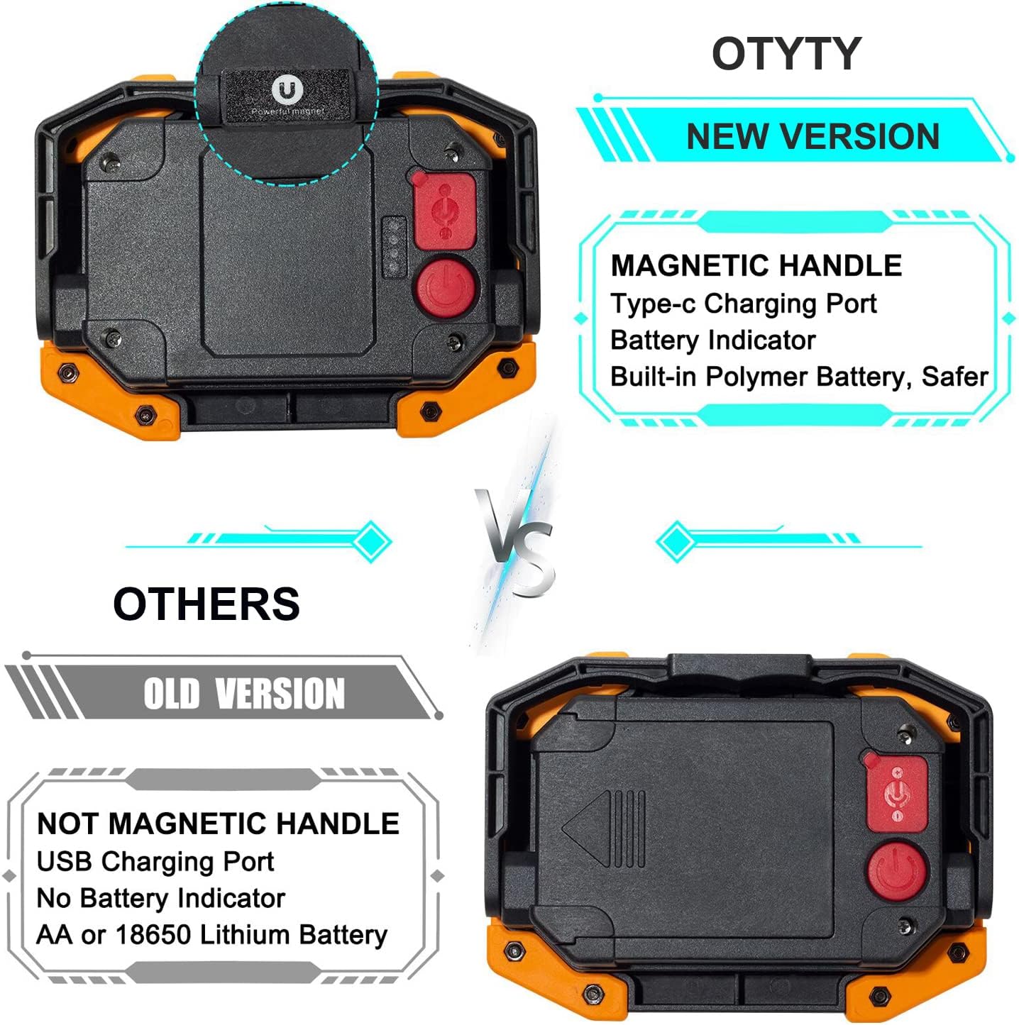 OTYTY LED Work Light 2-Pack, 30W 1500LM Portable Rechargeable Flood Lights with Magnetic Base, 4200mAh Battery for Outdoor, Camping, Hiking, Emergency, Car Repairing, Job Site Lighting (W840 Yellow)