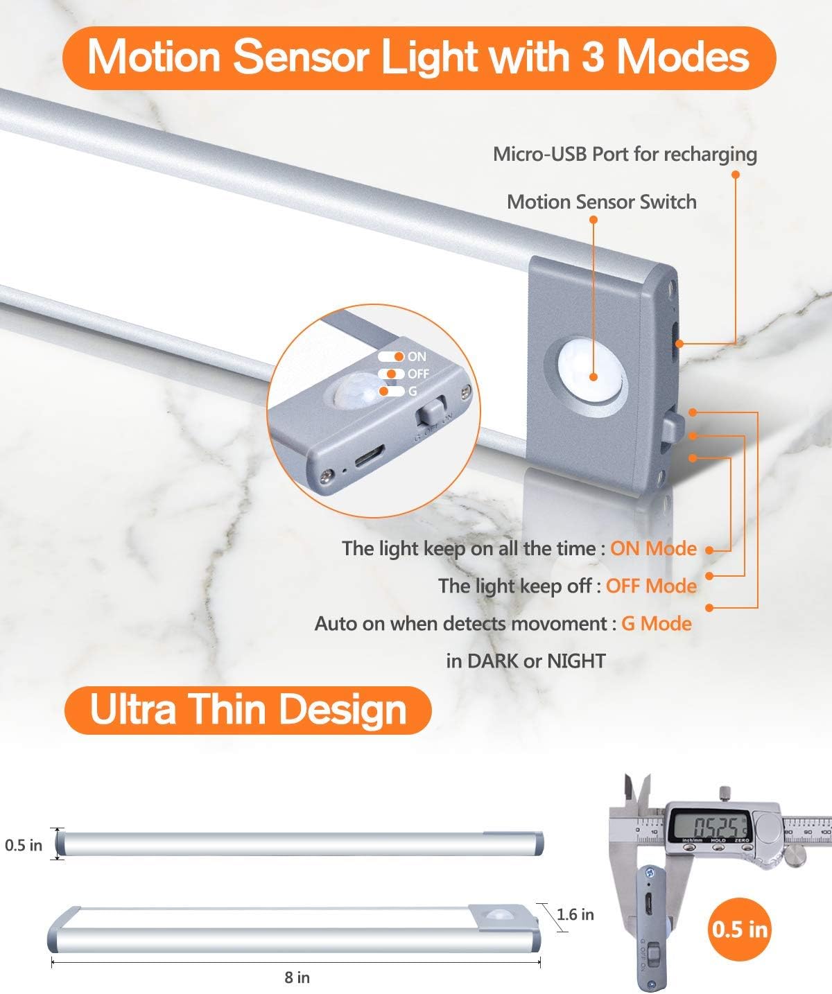 PRIORARE Under Cabinet Light 30 LED Motion Sensor Closet Lighting Battery Operated, Rechargeable Ultra Thin 180lm Cabinet Lighting, Magnetic Motion Activated Light for Kitchen, Cupboard Cold White
