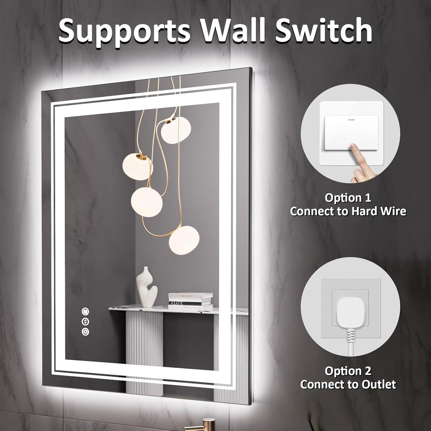 28" x 20" LED Bathroom Mirror with Lights, Front and Backlit Mirror, Anti-Fog Lighted Vanity Mirror, Stepless Dimmable, 3 Colors LED Mirror (Horizontal/Vertical)