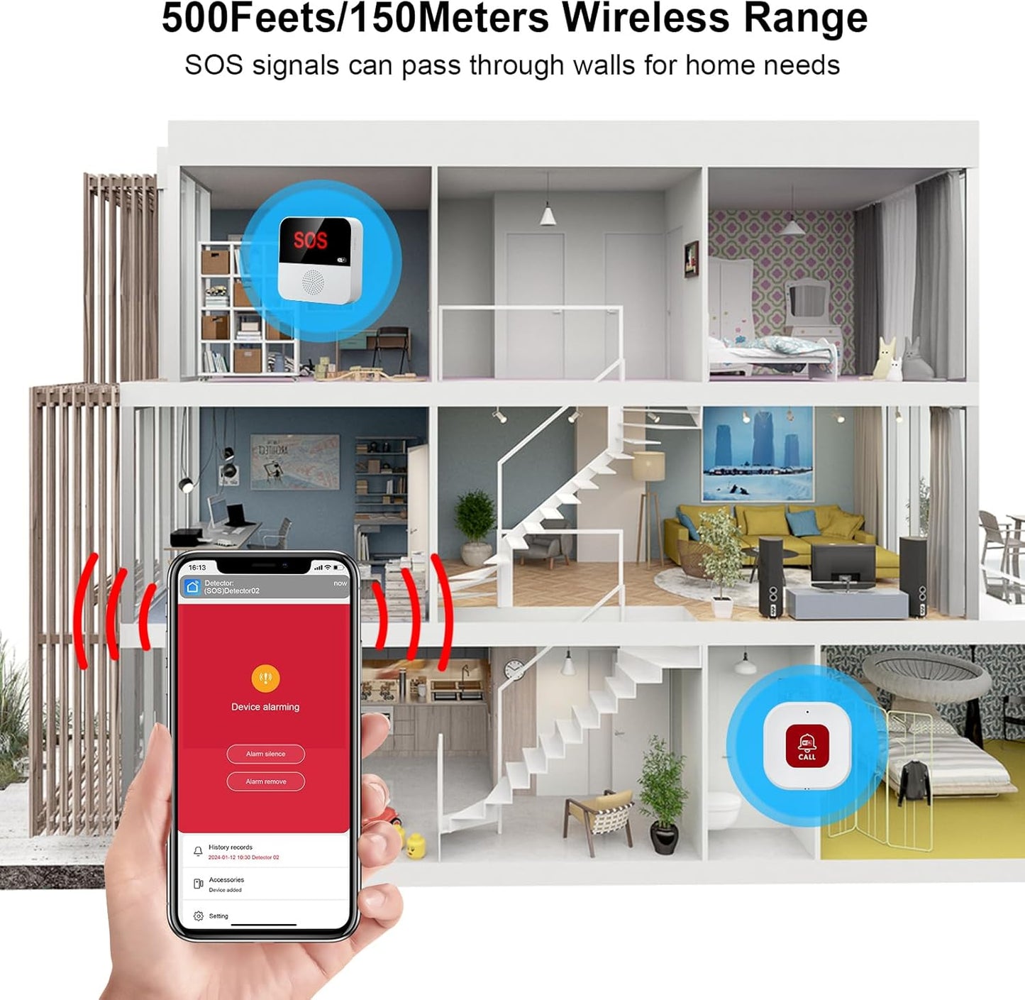 WiFi Pager, Caregiver Pagers Life Alert Systems for Seniors no Monthly Fee, 1 Receiver and 1 SOS Panic Button & 1 Watch Pager, Compatible with Tuya Smart/Smart Life APP