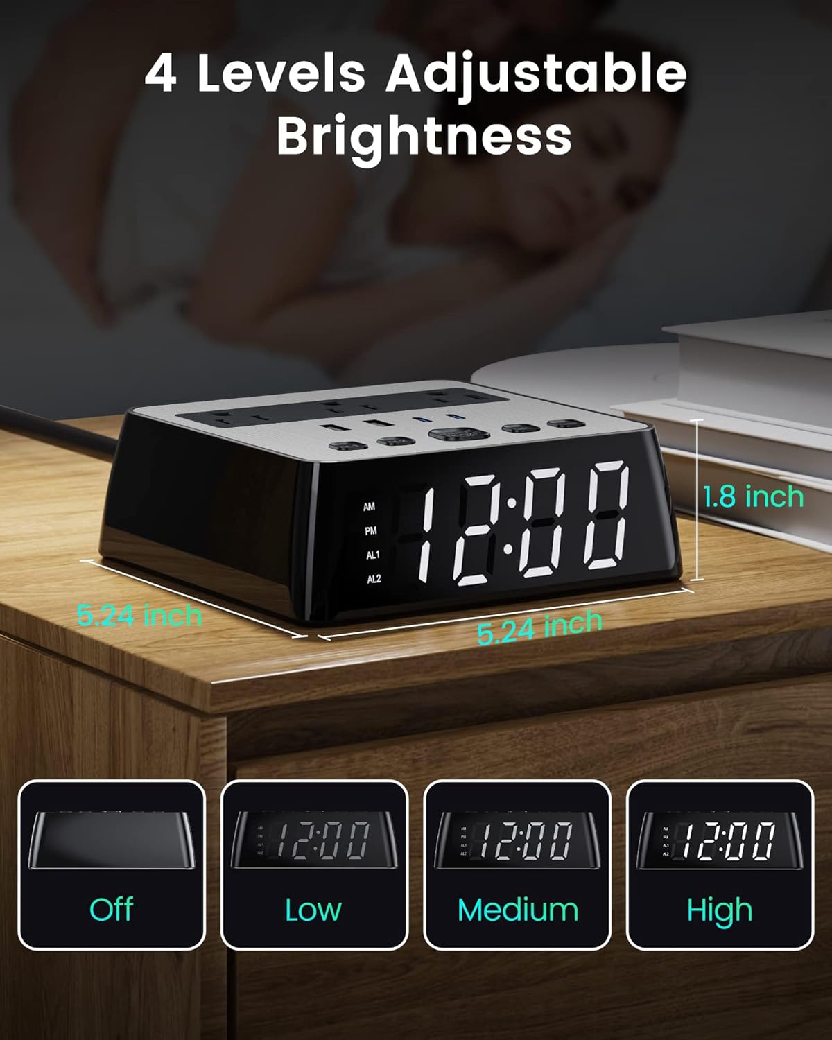 Alarm Clock with USB Charger JACKYLED Power Strip Total 4.8A USB Ports LED Full Screen Surge Protector 6.5ft Cord 4 Dimmer for Heavy Sleepers Compatible with Phone Tablet Computer Black Silver